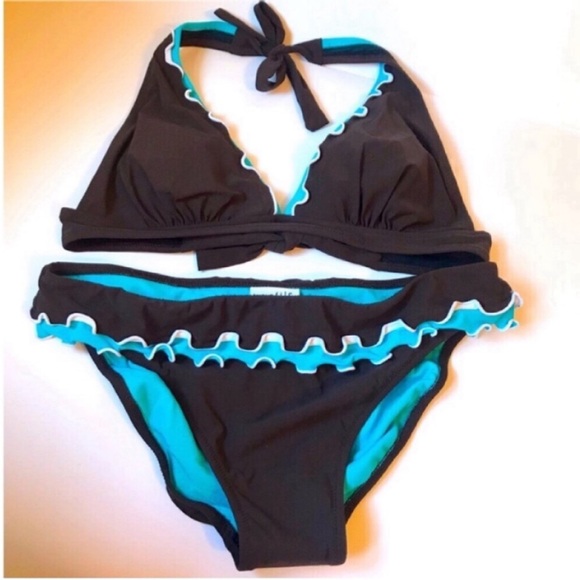 Brown and Teal Ruffle Bikini Set - Picture 1 of 8